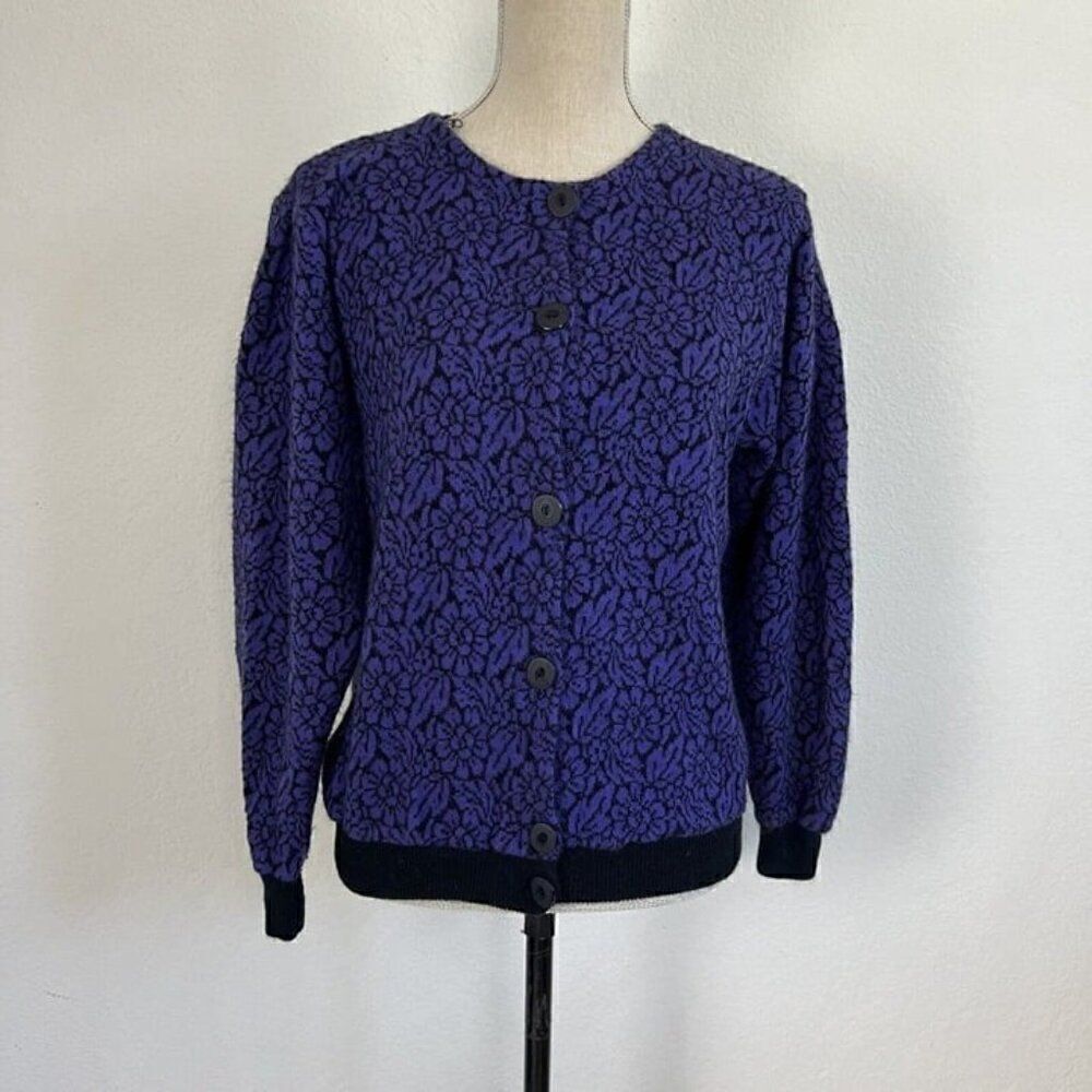Vintage Womens Purple & Black Floral Mohair Button Front Cardigan Sweater Medium